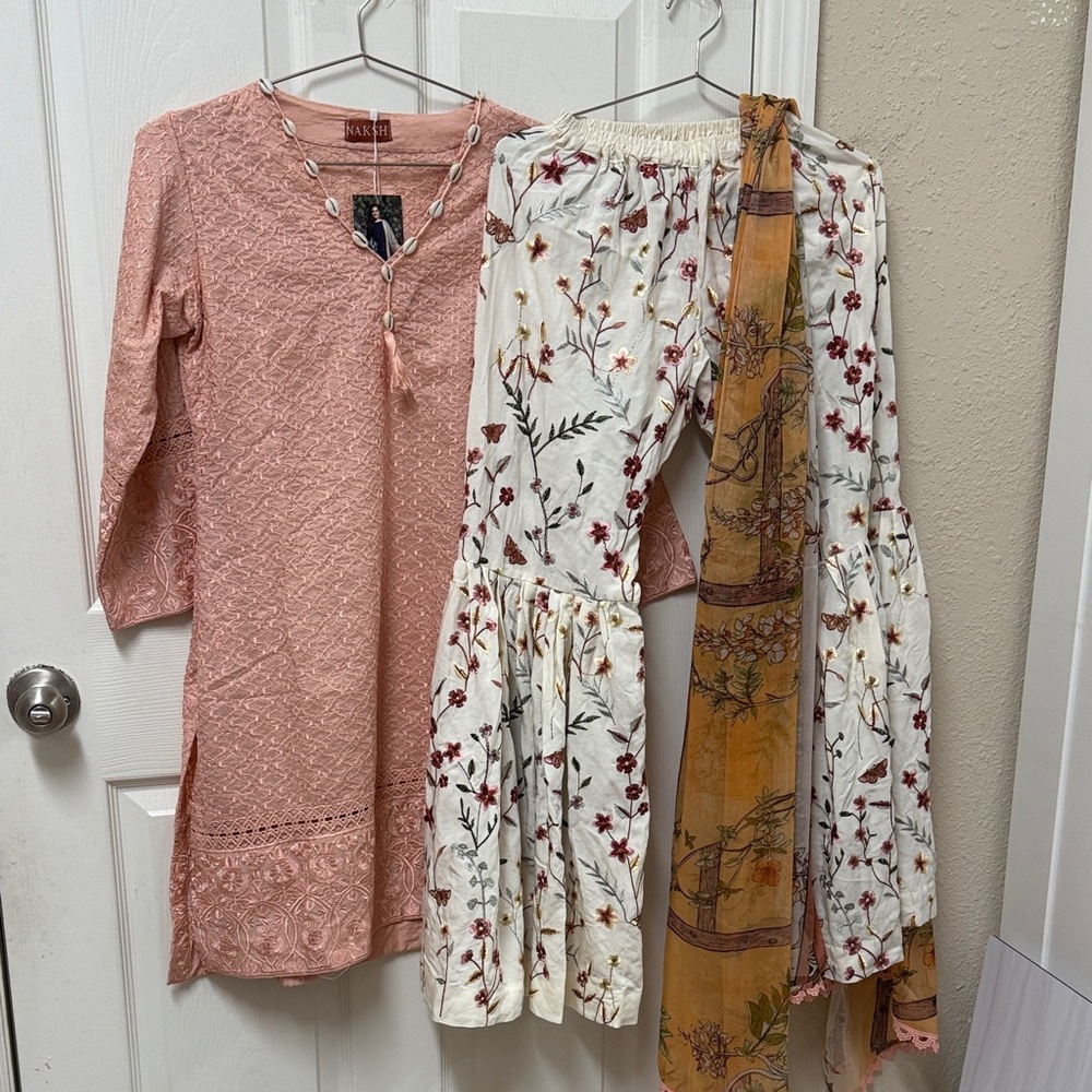NWT Peaches Pink Lace Dress and Floral embroidered gharara pant Set